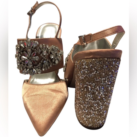 ASOS Shoes SATIN Size 7 Embellished Block Heels.Ankle strap,Pink Papaya Color. - Picture 2 of 8